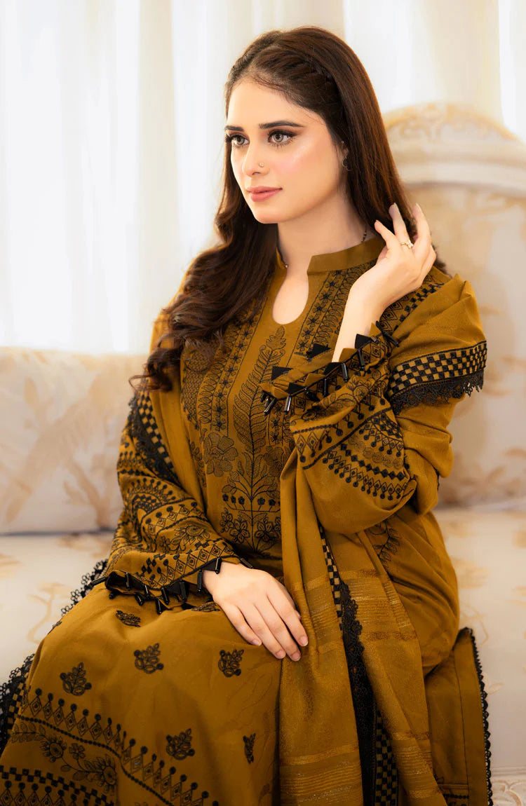 LIBAAS-3PC DHANAK EMBROIDERED SHIRT WITH DHANAK EMBROIDERED SHAWL & EMB TROUSER