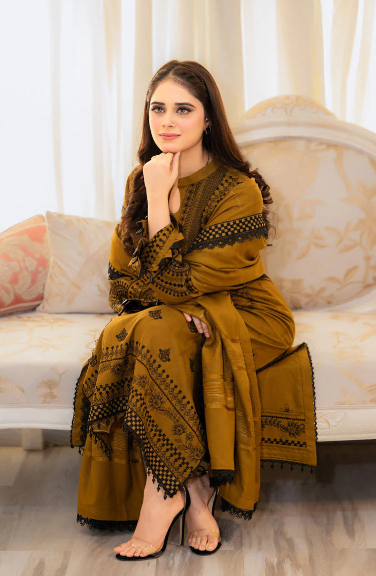 LIBAAS-3PC DHANAK EMBROIDERED SHIRT WITH DHANAK EMBROIDERED SHAWL & EMB TROUSER