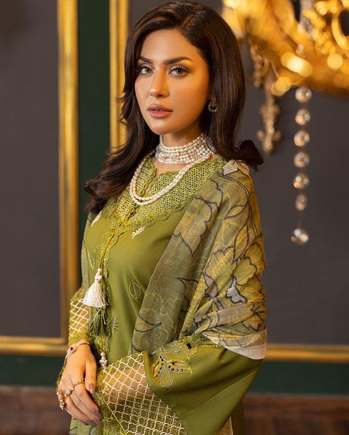 SHE-EDGE UNSTITCHED PREMIUM DHANAK EMBROIDERED 3PC WITH SOFT PASHMINA WOOL SHAWL