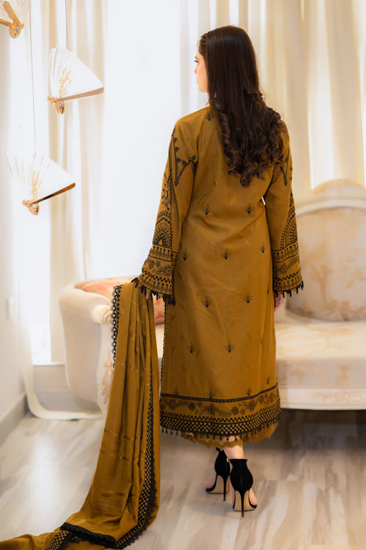 LIBAAS-3PC DHANAK EMBROIDERED SHIRT WITH DHANAK EMBROIDERED SHAWL & EMB TROUSER