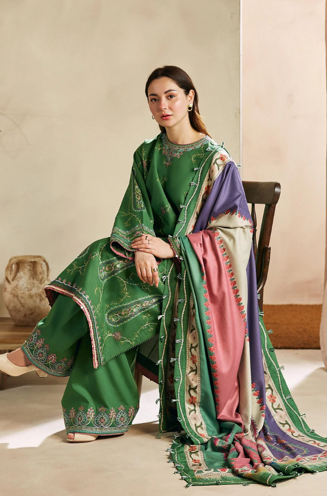 Zara Shah Jahan - 3PC Unstitched Dhanak Embroidered Shirt with Digital Printed Pashmina Wool Shawl and Embroidered Trouser