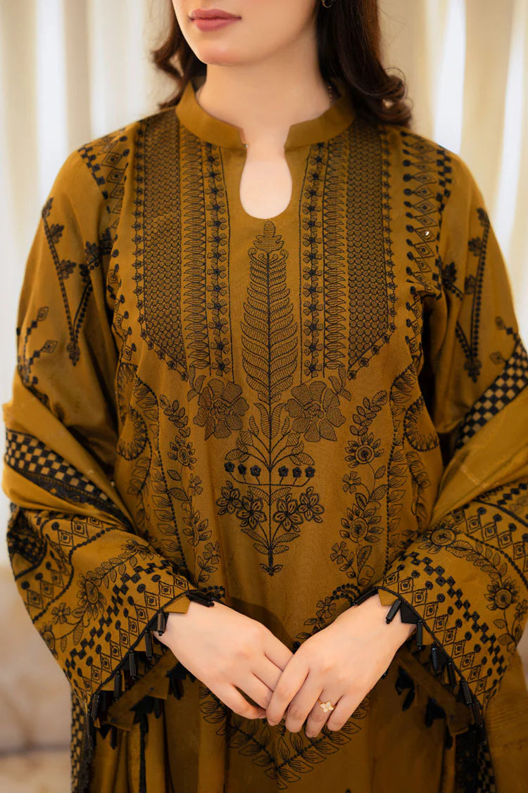 LIBAAS-3PC DHANAK EMBROIDERED SHIRT WITH DHANAK EMBROIDERED SHAWL & EMB TROUSER