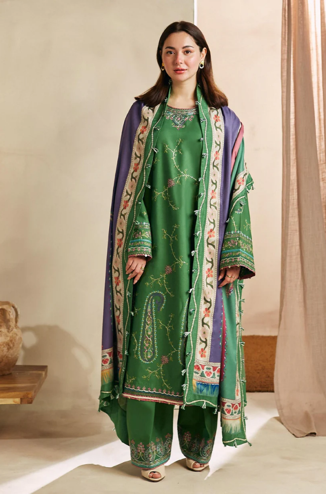 Zara Shah Jahan - 3PC Unstitched Dhanak Embroidered Shirt with Digital Printed Pashmina Wool Shawl and Embroidered Trouser