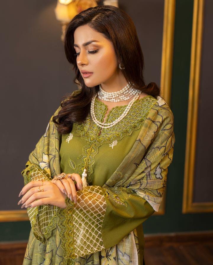 SHE-EDGE UNSTITCHED PREMIUM DHANAK EMBROIDERED 3PC WITH SOFT PASHMINA WOOL SHAWL