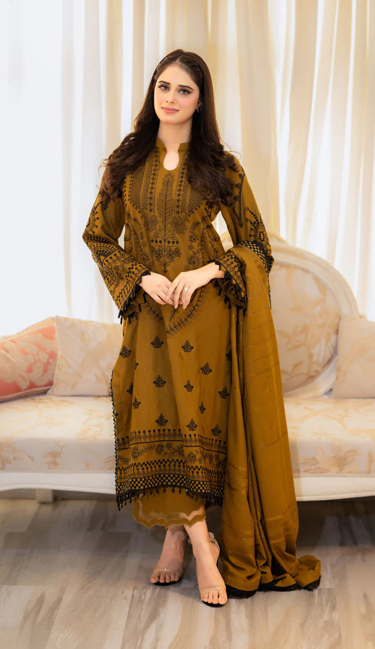 LIBAAS-3PC DHANAK EMBROIDERED SHIRT WITH DHANAK EMBROIDERED SHAWL & EMB TROUSER