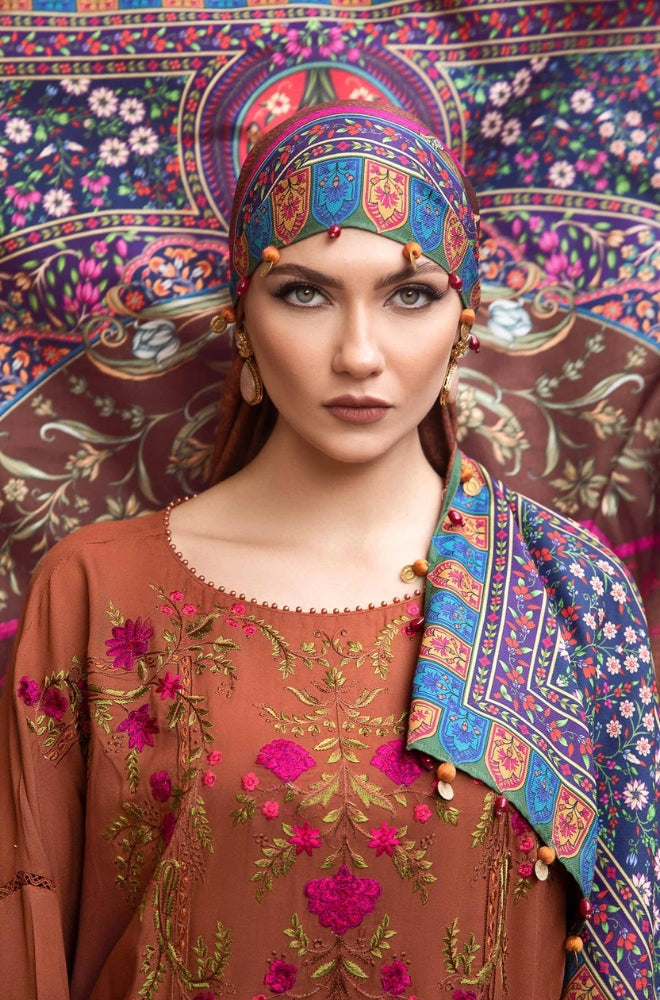 Maria B - 3PC Unstitched Dhanak Embroidered Shirt with Printed Wool Shawl and Trouser
