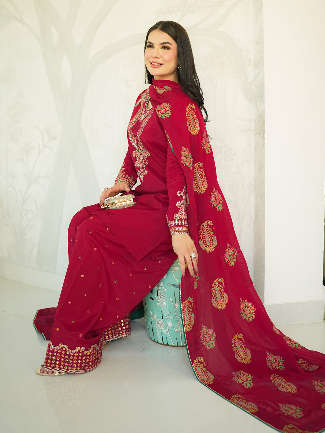 NOOR -E -KHAS Unstitched Dhanak 3PC With Printed Shawl & EMBROIDERED TROUSER