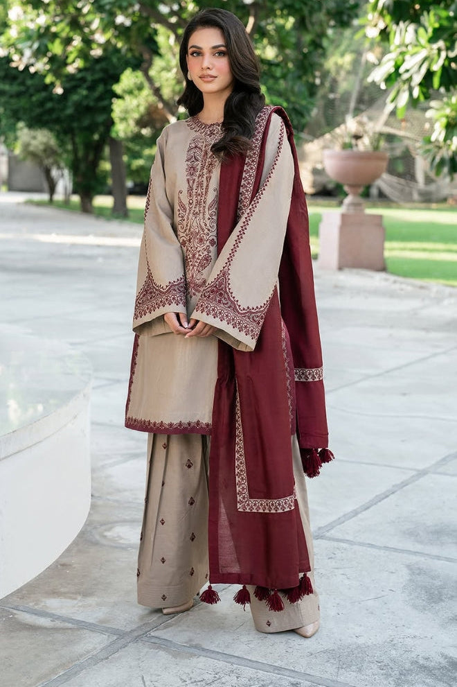 Baroque - 3PC Unstitched Dhanak Embroidered Shirt with Embroidered Dhanak Shawl and Trousers