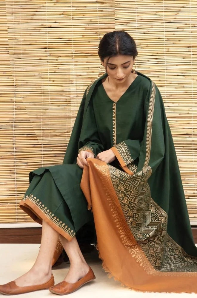 Zarpash - 3PC Unstitched Dhanak Neckline Embroidered Shirt with Printed Wool Shawl and Trouser