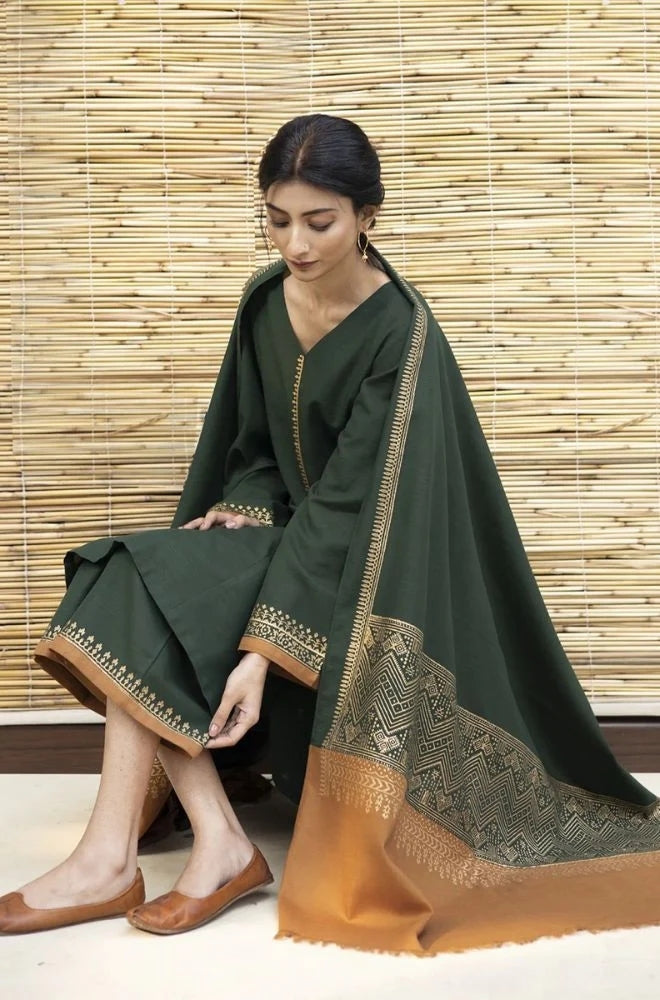 Zarpash - 3PC Unstitched Dhanak Neckline Embroidered Shirt with Printed Wool Shawl and Trouser