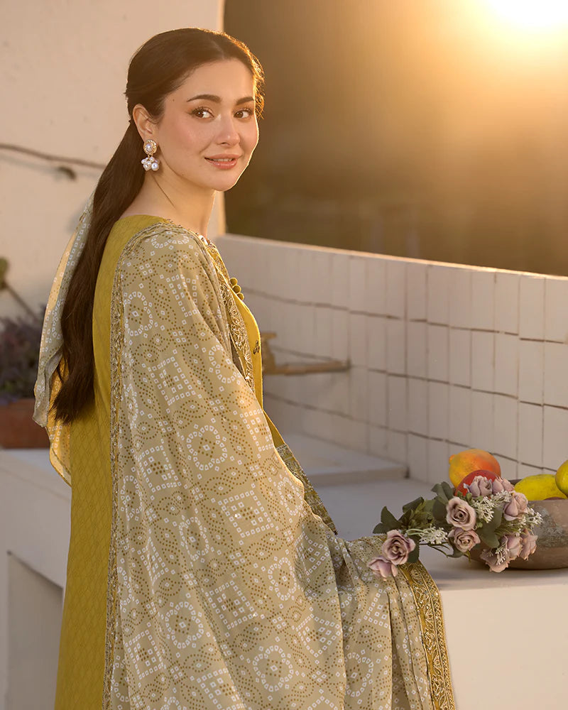 JADE - 3PC DHANAK EMBROIDERED SHIRT WITH DIGITAL PRINT SHAWL AND DYED TROUSER