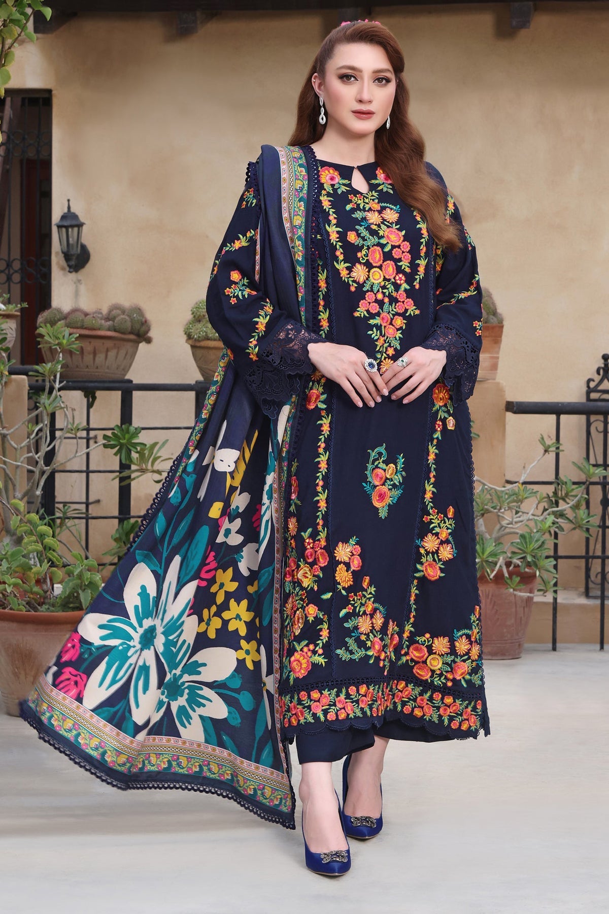 ASIM JOFA-3PC DHANAK EMBROIDERED SHIRT WITH COURTRAI PRINTED SHAWL & TROUSER-WM-4316
