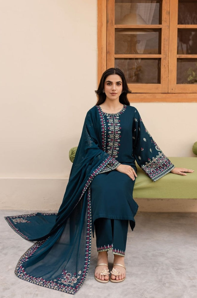Batik - 3PC Unstitched Dhanak Embroidered Shirt with Dhanak Embroidered Dupatta and Trouser