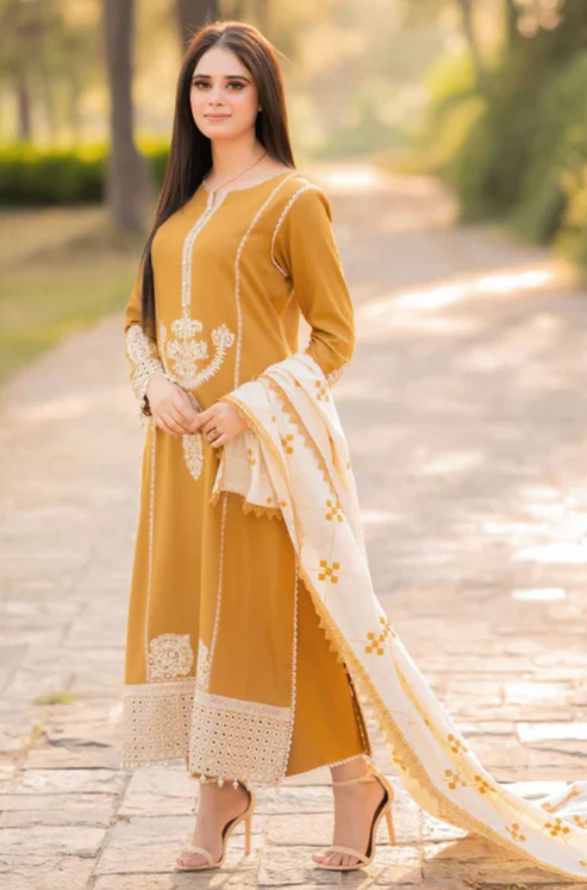 LIBAAS WINTER UNSTITCHED EMBROIDERED DHANAK 3PC WITH DHANAK EMBROIDERED SHAWL
