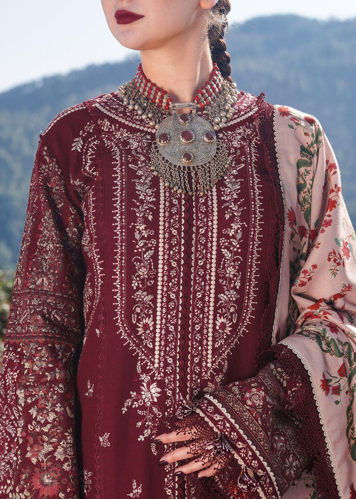 HUSSAIN REHAR UNSTITCHED DHANAK EMBROIDERED 3PC WITH PRINTED WOOL SHAWL
