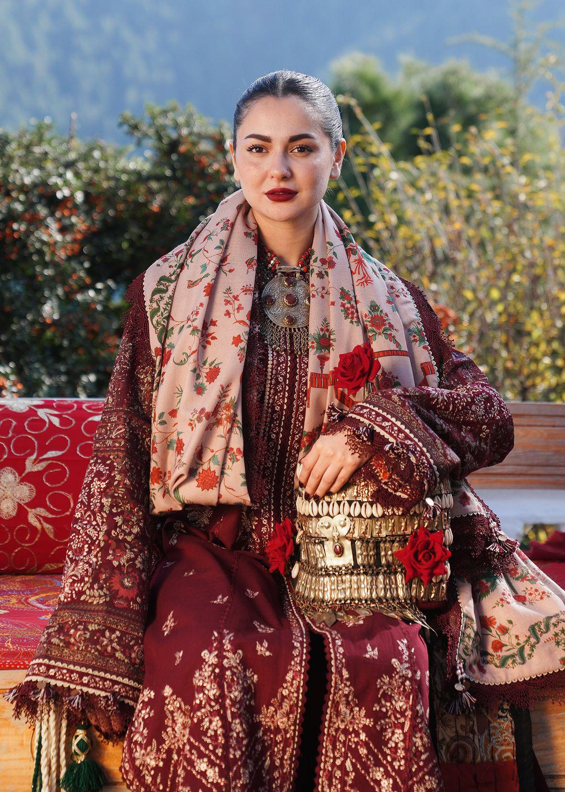 HUSSAIN REHAR UNSTITCHED DHANAK EMBROIDERED 3PC WITH PRINTED WOOL SHAWL