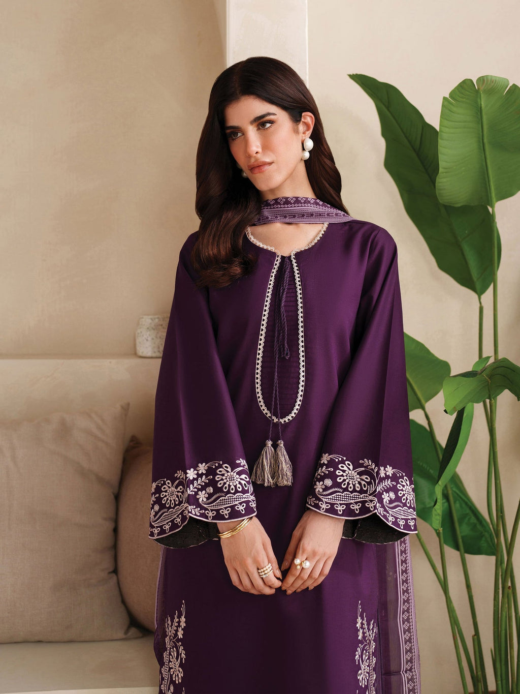 GARNET-3PC DHANAK EMBROIDERED SHIRT WITH COURTRAI PRINTED SHAWL AND TROUSER-WM-4305