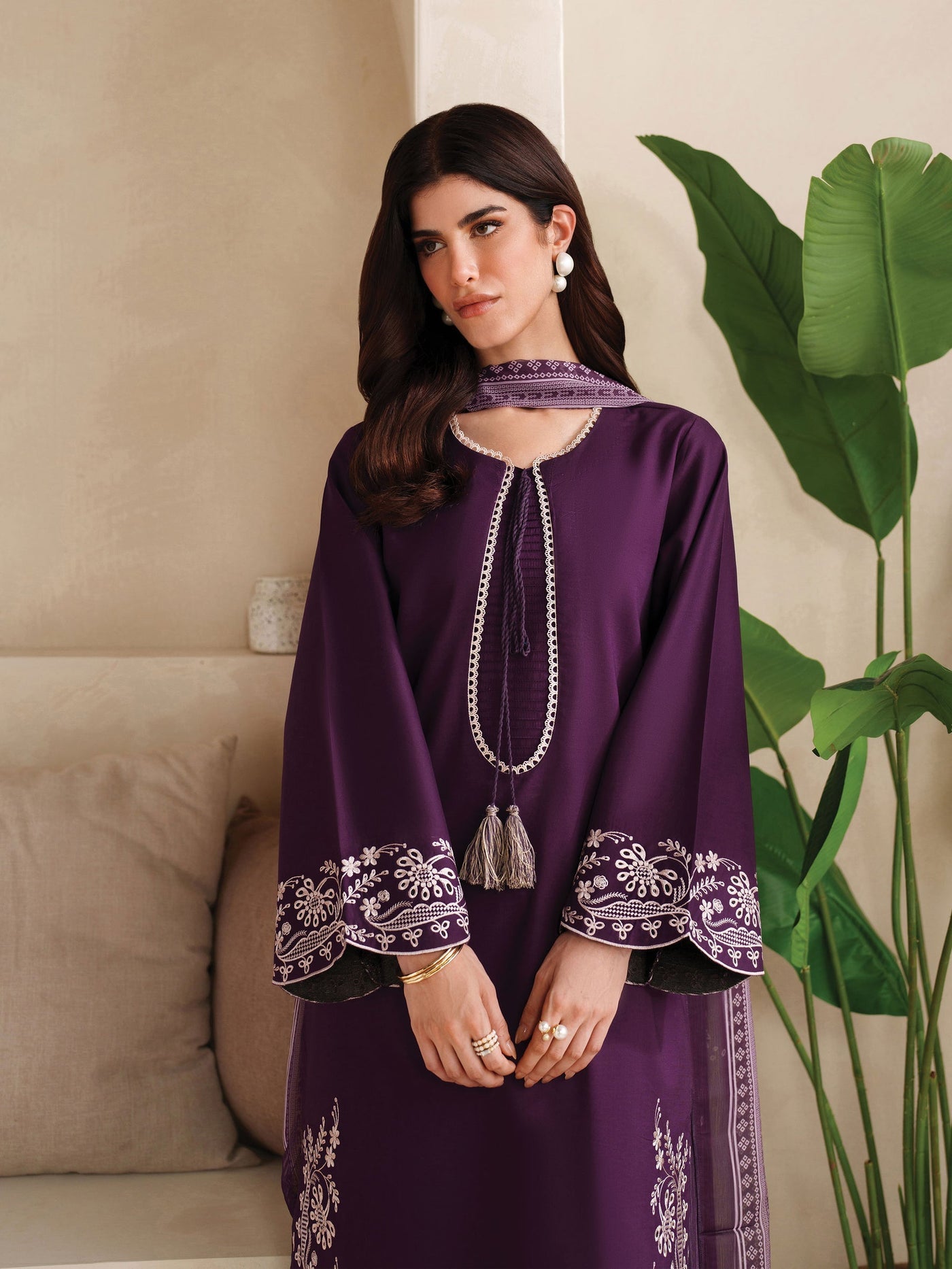 GARNET-3PC DHANAK EMBROIDERED SHIRT WITH COURTRAI PRINTED SHAWL AND TROUSER-WM-4305