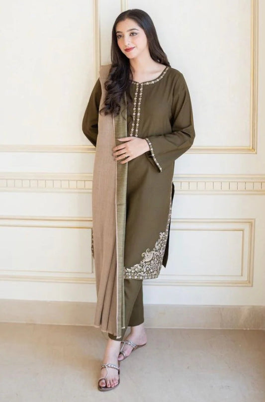 Aisling - 3PC Unstitched Dhanak Embroidered Shirt with Embroidered Dupatta and Trouser