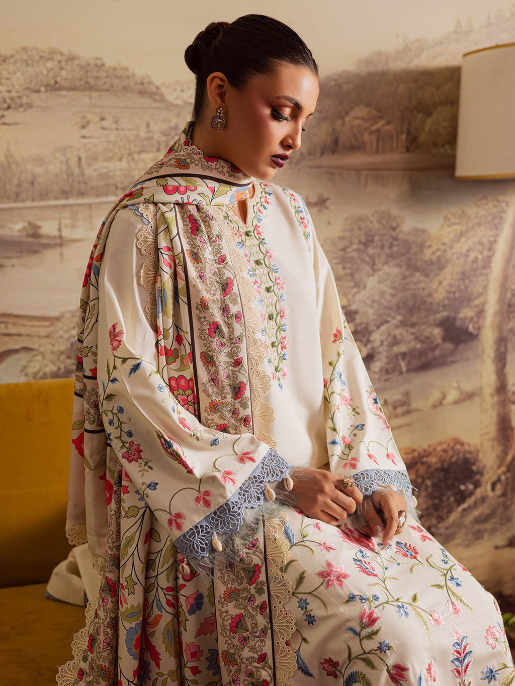 MAHNUR-3PC DHANAK EMBROIDERED SHIRT WITH COURTRAI PRINTED SHAWL & TROUSER-WM-4329