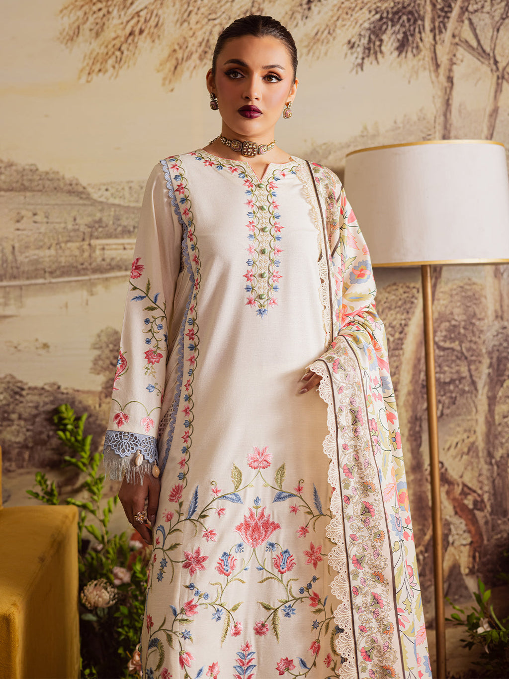 MAHNUR-3PC DHANAK EMBROIDERED SHIRT WITH COURTRAI PRINTED SHAWL & TROUSER-WM-4329