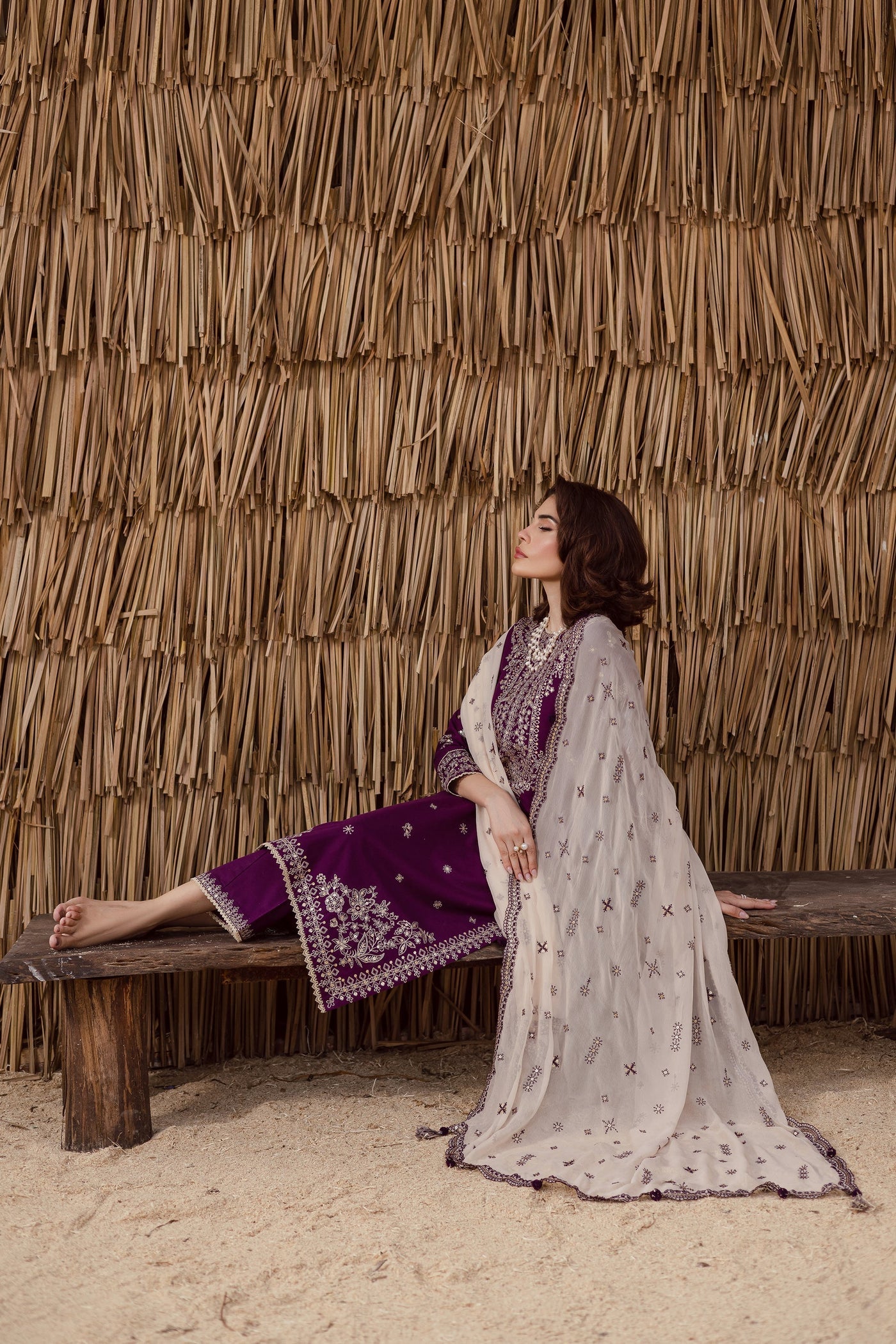 BATIK-3PC DHANAK EMBROIDERED SHIRT WITH DHANAK EMBROIDERED SHAWL AND TROUSER-WM-4338