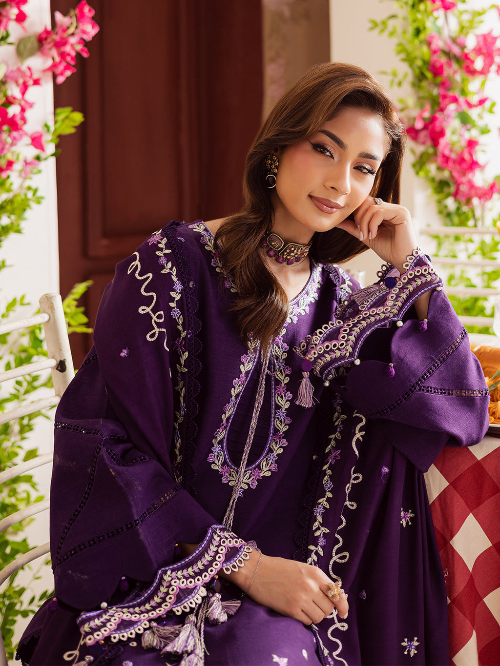 MAHNUR-3PC DHANAK EMBROIDERED SHIRT WITH DHANAK EMBROIDERED SHAWL & TROUSER-WM-4328