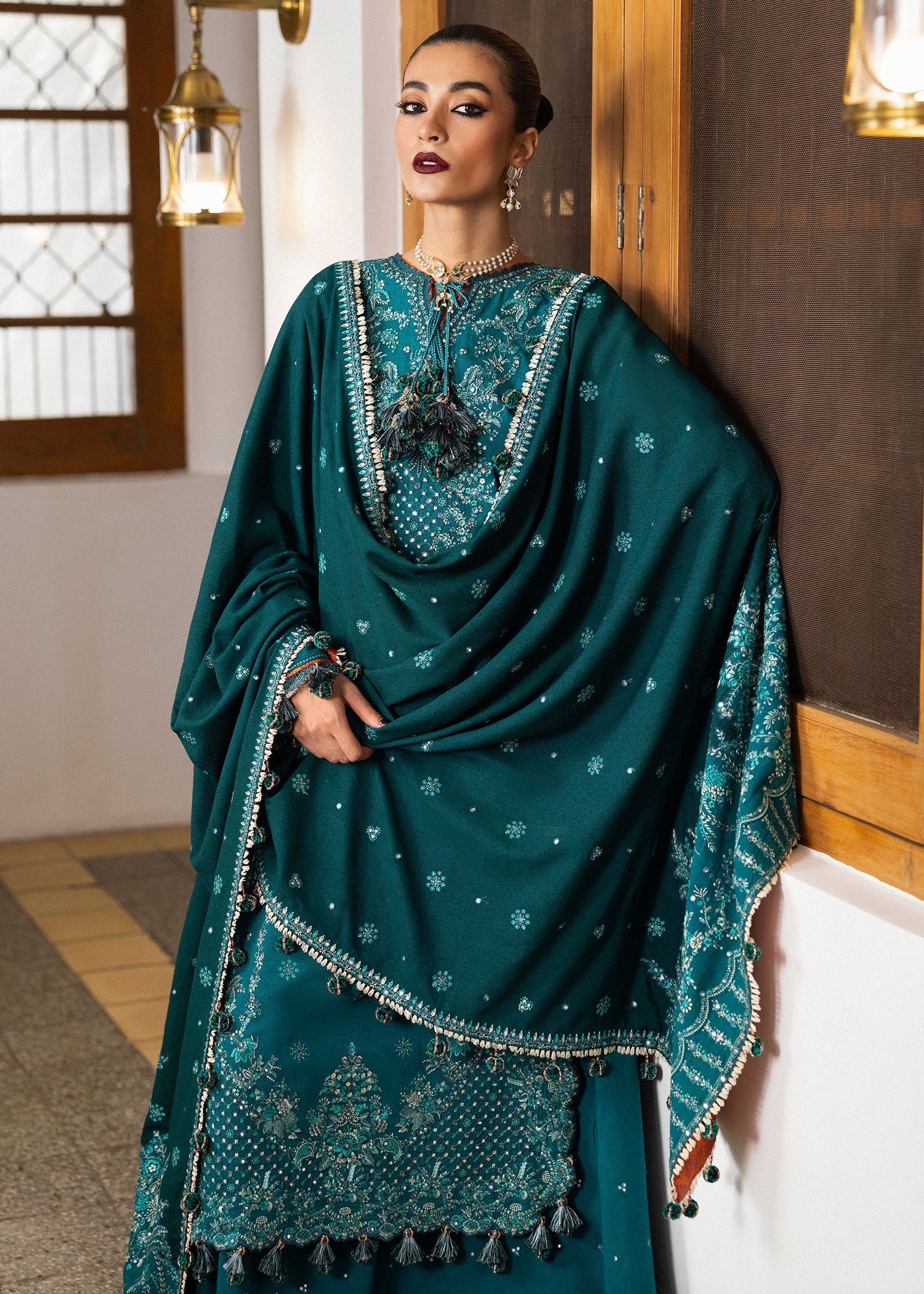 HUSSAIN REHAR LUXURY UNSTITCHED DHANAK EMBROIDERED 3PC WITH DHANAK EMBROIDERED SHAWL