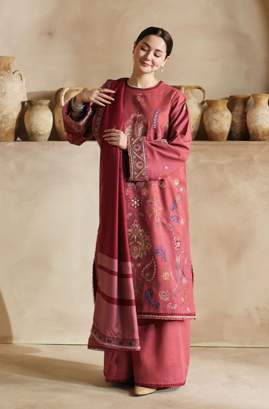 Zara Shah Jahan - 3PC Unstitched Dhanak Embroidered Shirt with Digital Printed Dhanak Shawl and Trouser