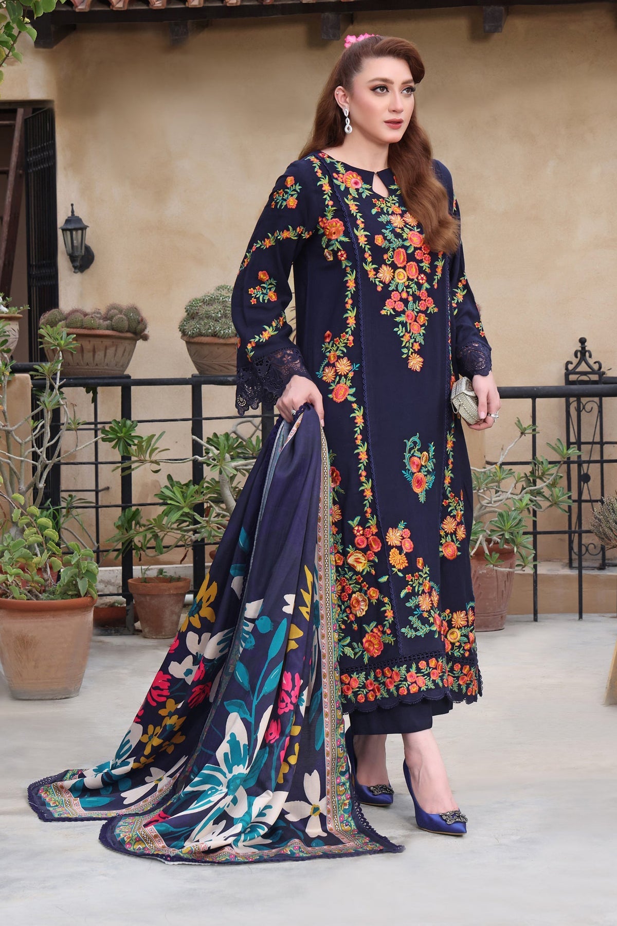 ASIM JOFA-3PC DHANAK EMBROIDERED SHIRT WITH COURTRAI PRINTED SHAWL & TROUSER-WM-4316