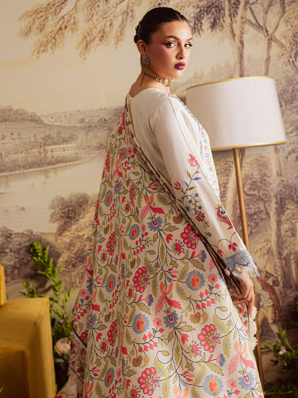 MAHNUR-3PC DHANAK EMBROIDERED SHIRT WITH COURTRAI PRINTED SHAWL & TROUSER-WM-4329