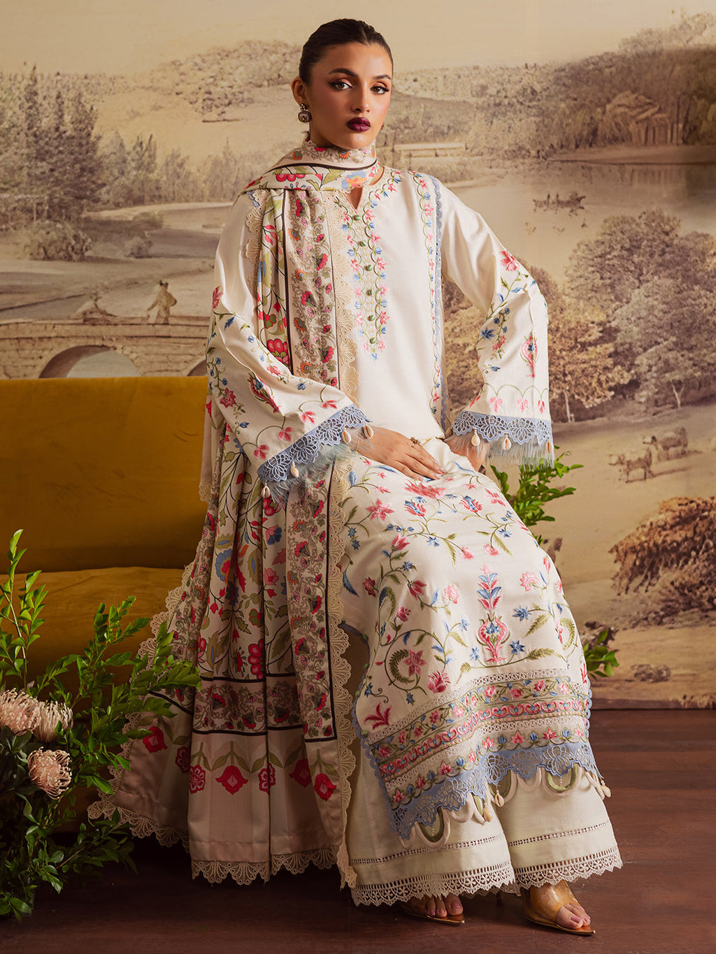 MAHNUR-3PC DHANAK EMBROIDERED SHIRT WITH COURTRAI PRINTED SHAWL & TROUSER-WM-4329