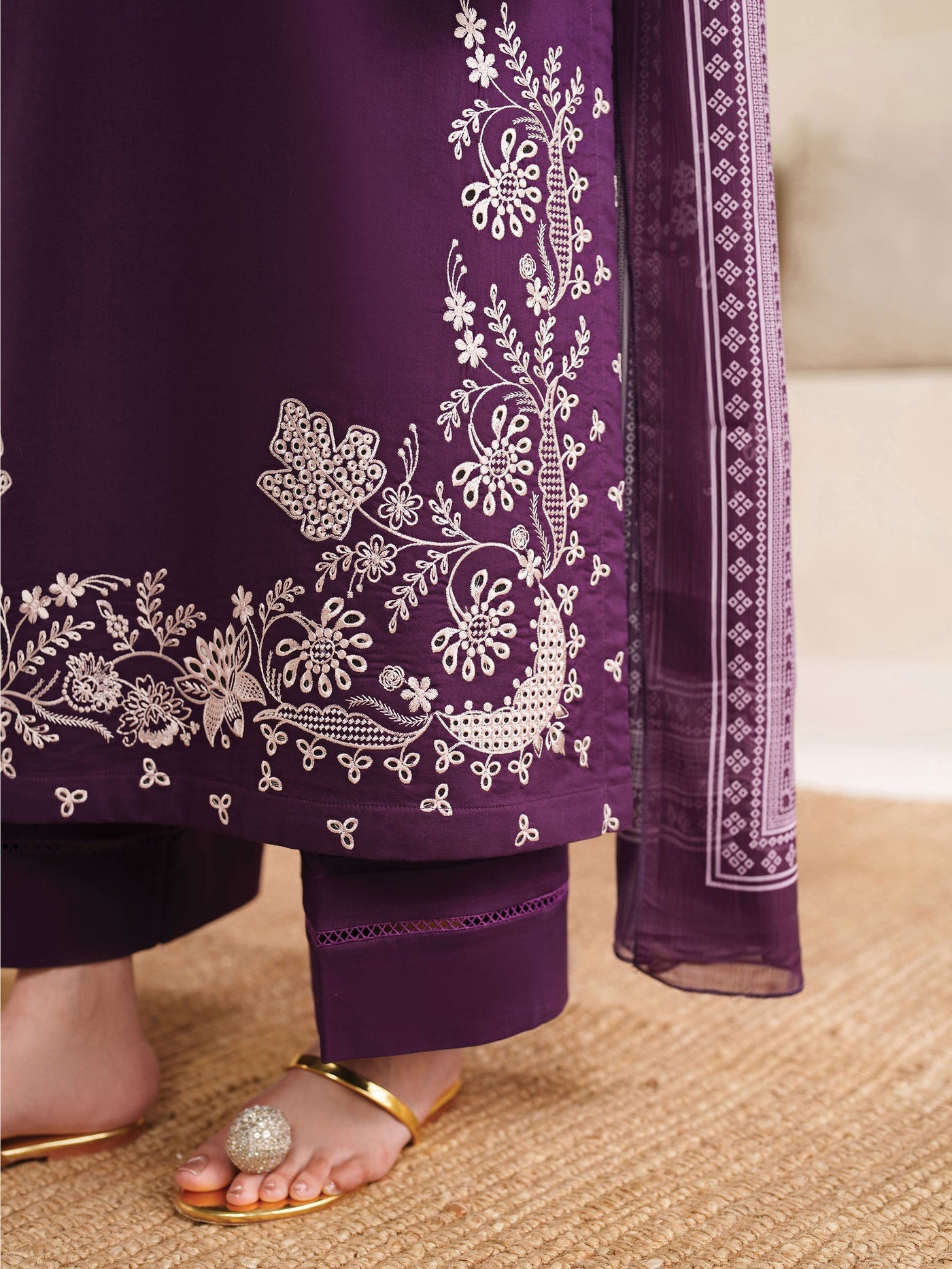 GARNET-3PC DHANAK EMBROIDERED SHIRT WITH COURTRAI PRINTED SHAWL AND TROUSER-WM-4305