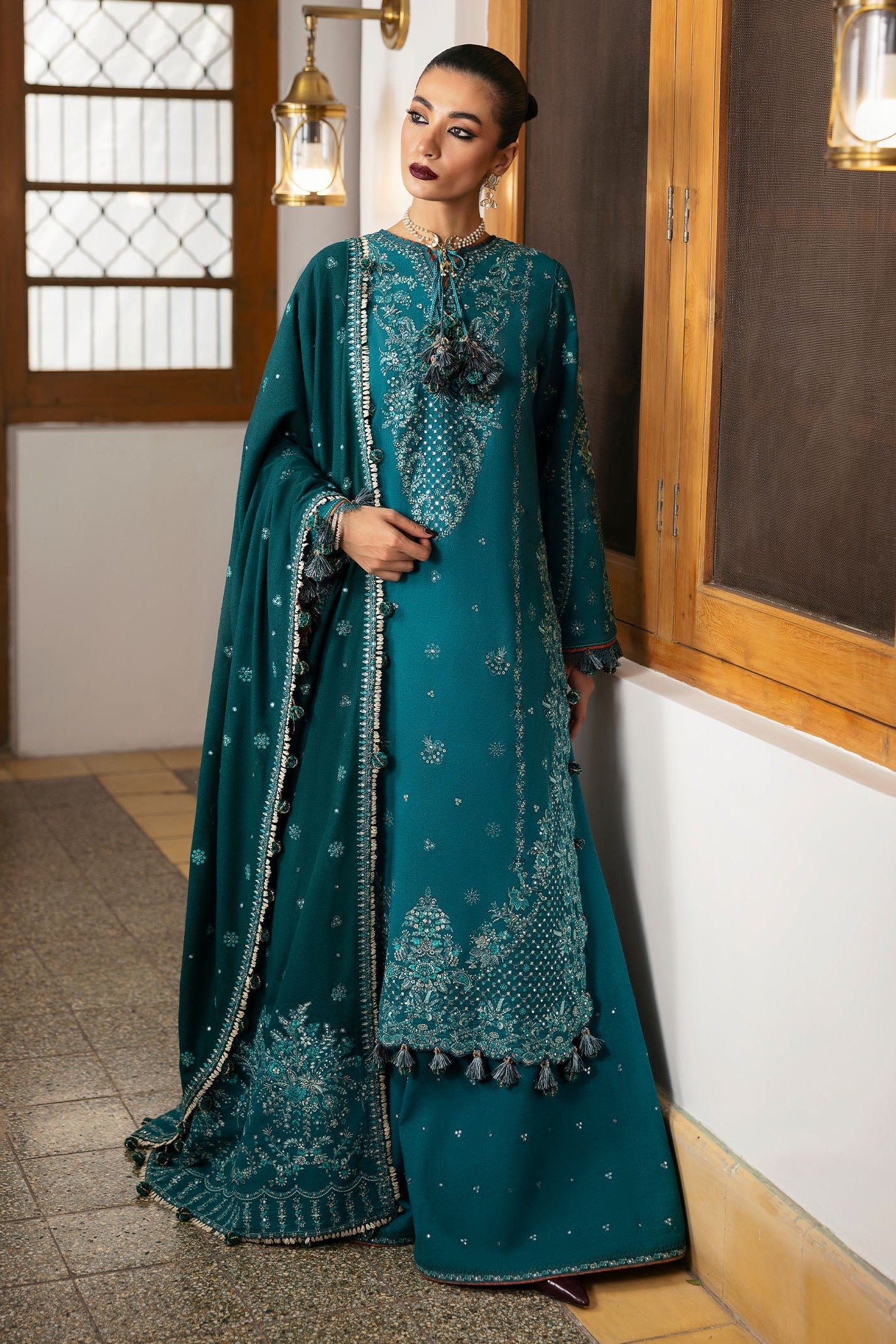 HUSSAIN REHAR LUXURY UNSTITCHED DHANAK EMBROIDERED 3PC WITH DHANAK EMBROIDERED SHAWL