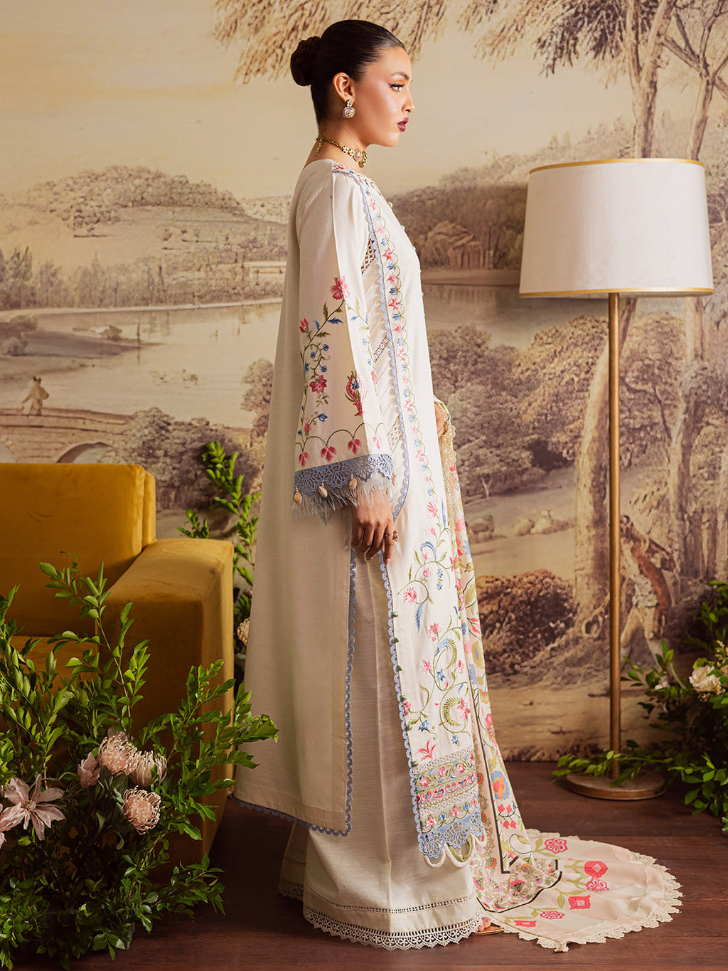 MAHNUR-3PC DHANAK EMBROIDERED SHIRT WITH COURTRAI PRINTED SHAWL & TROUSER-WM-4329