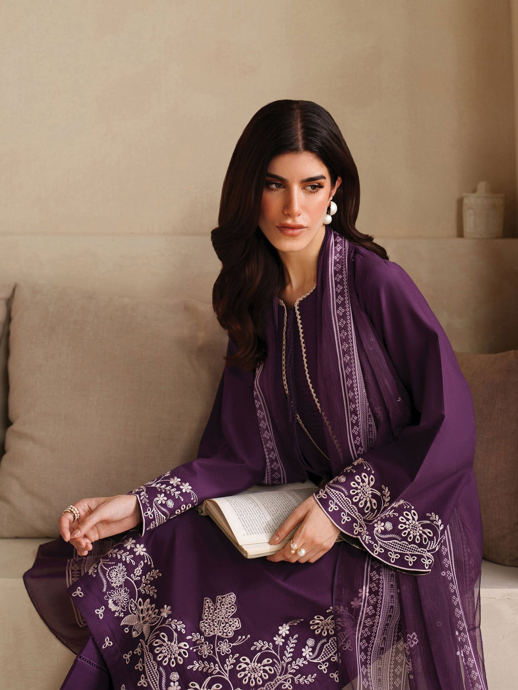 GARNET-3PC DHANAK EMBROIDERED SHIRT WITH COURTRAI PRINTED SHAWL AND TROUSER-WM-4305