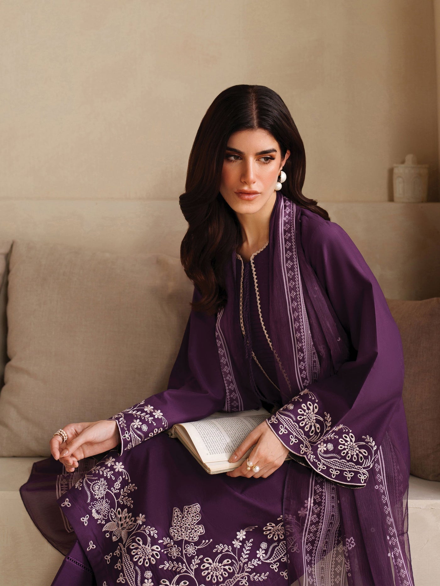 GARNET-3PC DHANAK EMBROIDERED SHIRT WITH COURTRAI PRINTED SHAWL AND TROUSER-WM-4305