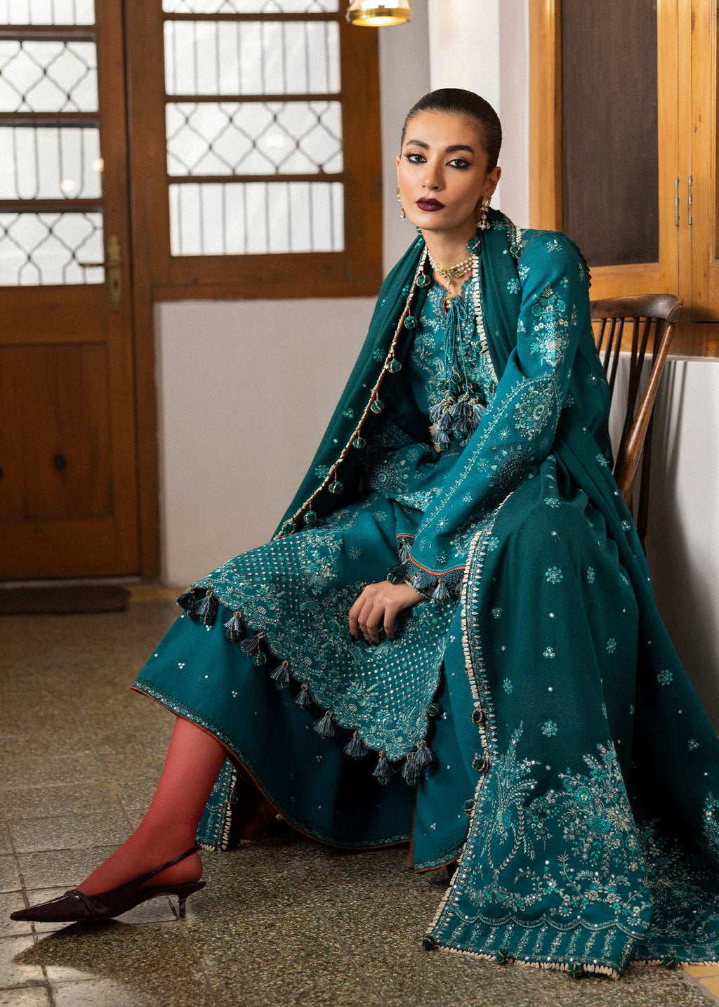 HUSSAIN REHAR LUXURY UNSTITCHED DHANAK EMBROIDERED 3PC WITH DHANAK EMBROIDERED SHAWL