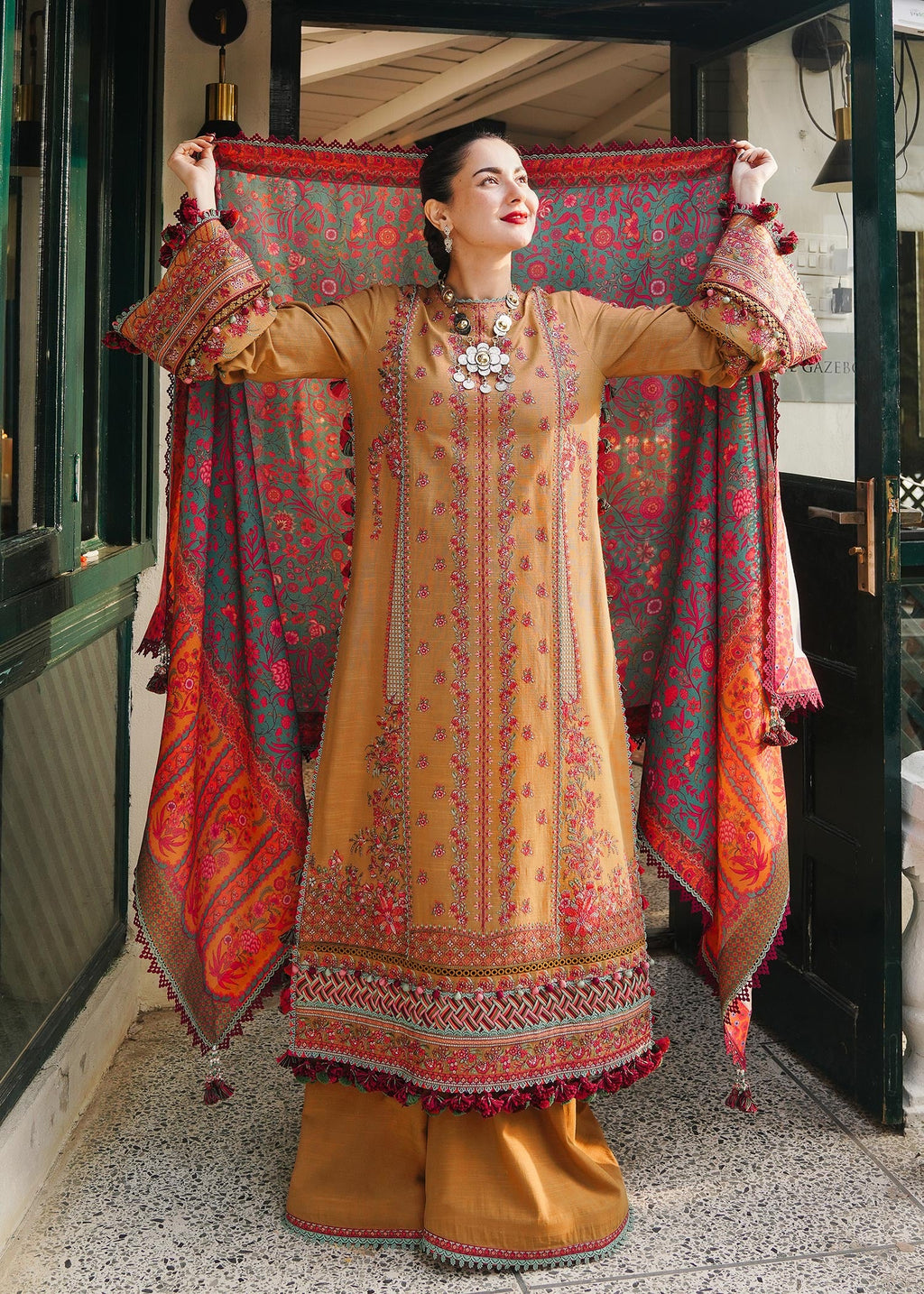 HUSSAIN REHAR LUXURY UNSTITCHED DHANAK EMBROIDERED 3PC WITH PRINTED SHAWL