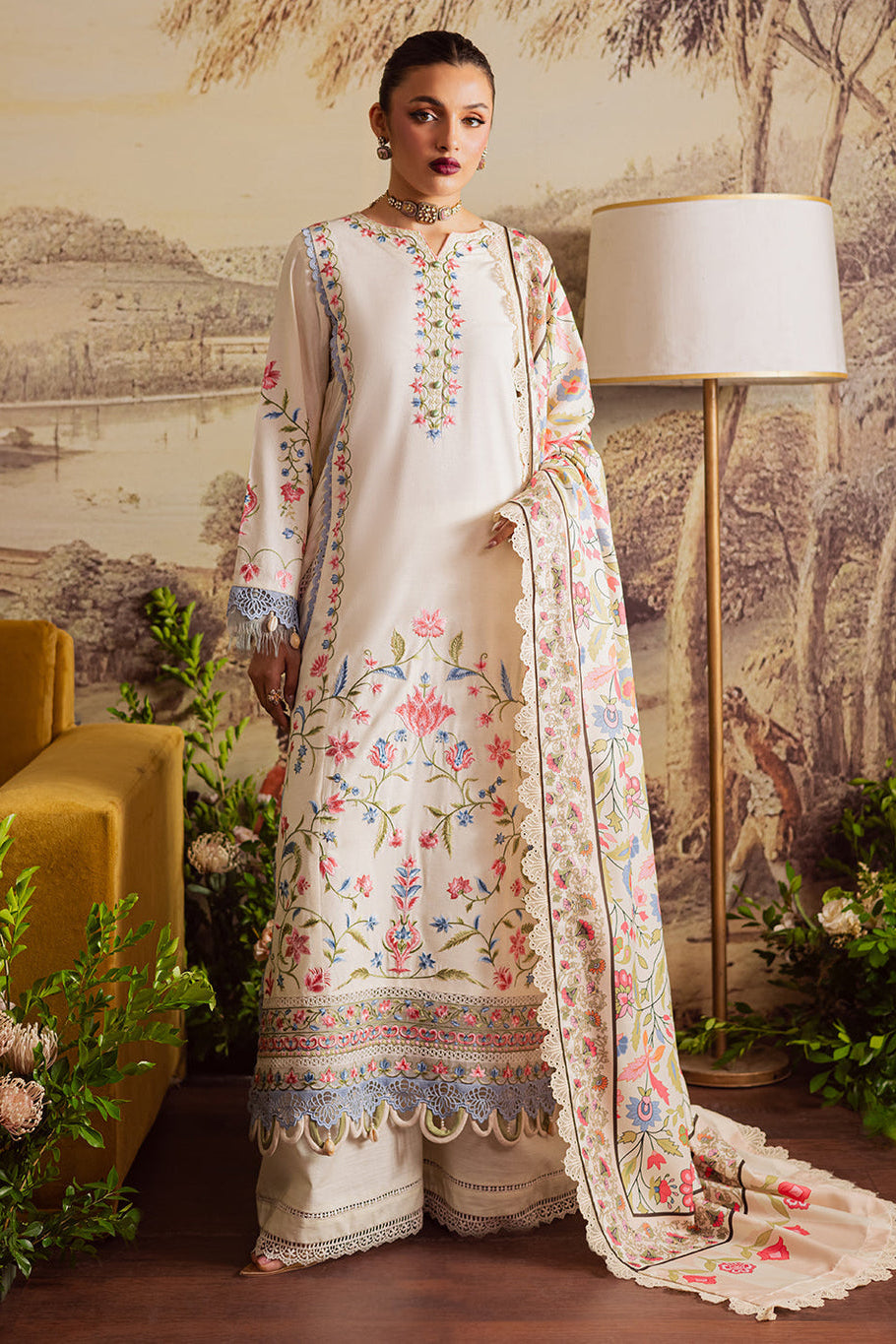MAHNUR-3PC DHANAK EMBROIDERED SHIRT WITH COURTRAI PRINTED SHAWL & TROUSER-WM-4329