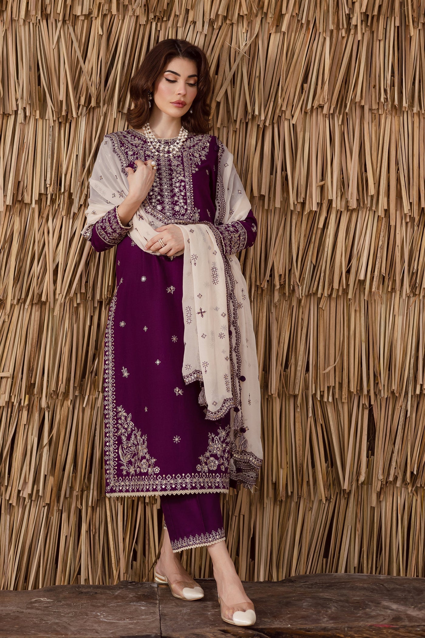 BATIK-3PC DHANAK EMBROIDERED SHIRT WITH DHANAK EMBROIDERED SHAWL AND TROUSER-WM-4338