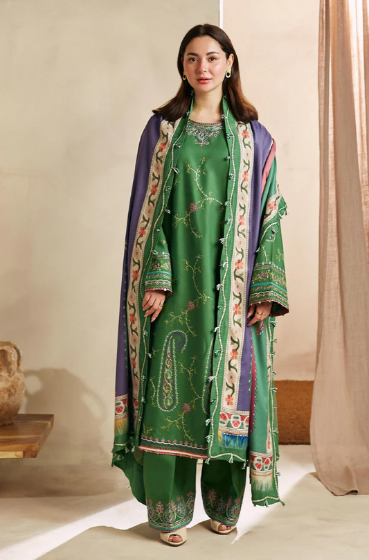 Zara Shah Jahan - 3PC Unstitched Dhanak Embroidered Shirt with Digital Printed Pashmina Wool Shawl and Embroidered Trouser