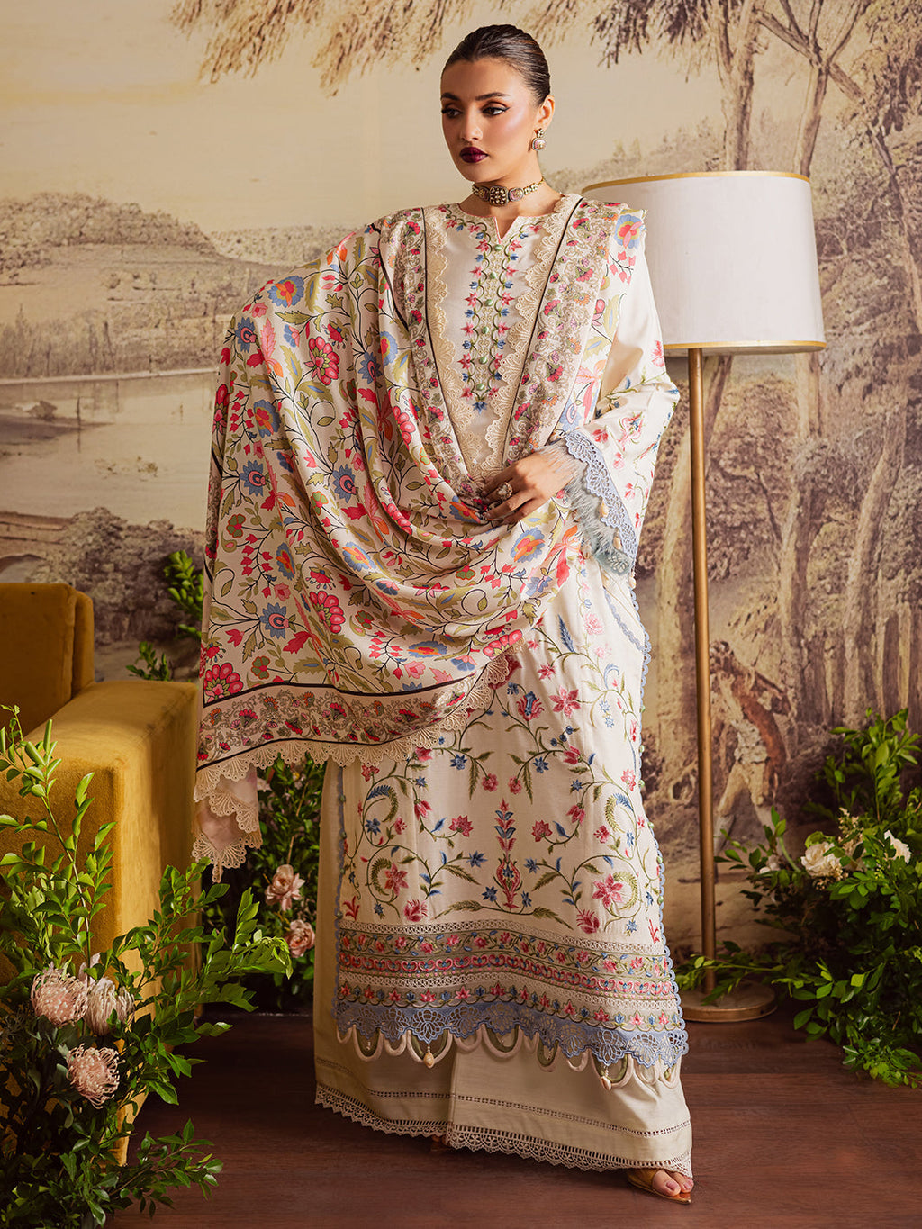 MAHNUR-3PC DHANAK EMBROIDERED SHIRT WITH COURTRAI PRINTED SHAWL & TROUSER-WM-4329