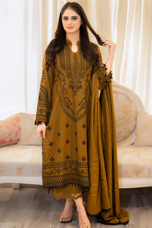 LIBAAS-3PC DHANAK EMBROIDERED SHIRT WITH DHANAK EMBROIDERED SHAWL & EMB TROUSER