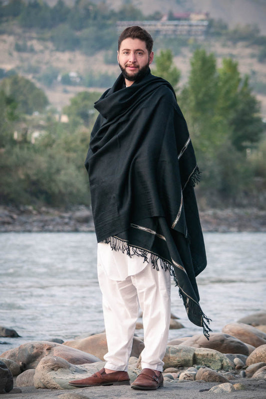 BLACK SWATI PASHMINA WOOLEN SHAWL FOR MEN LIGHT-WEIGHT