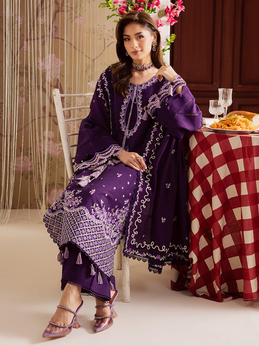 MAHNUR-3PC DHANAK EMBROIDERED SHIRT WITH DHANAK EMBROIDERED SHAWL & TROUSER-WM-4328