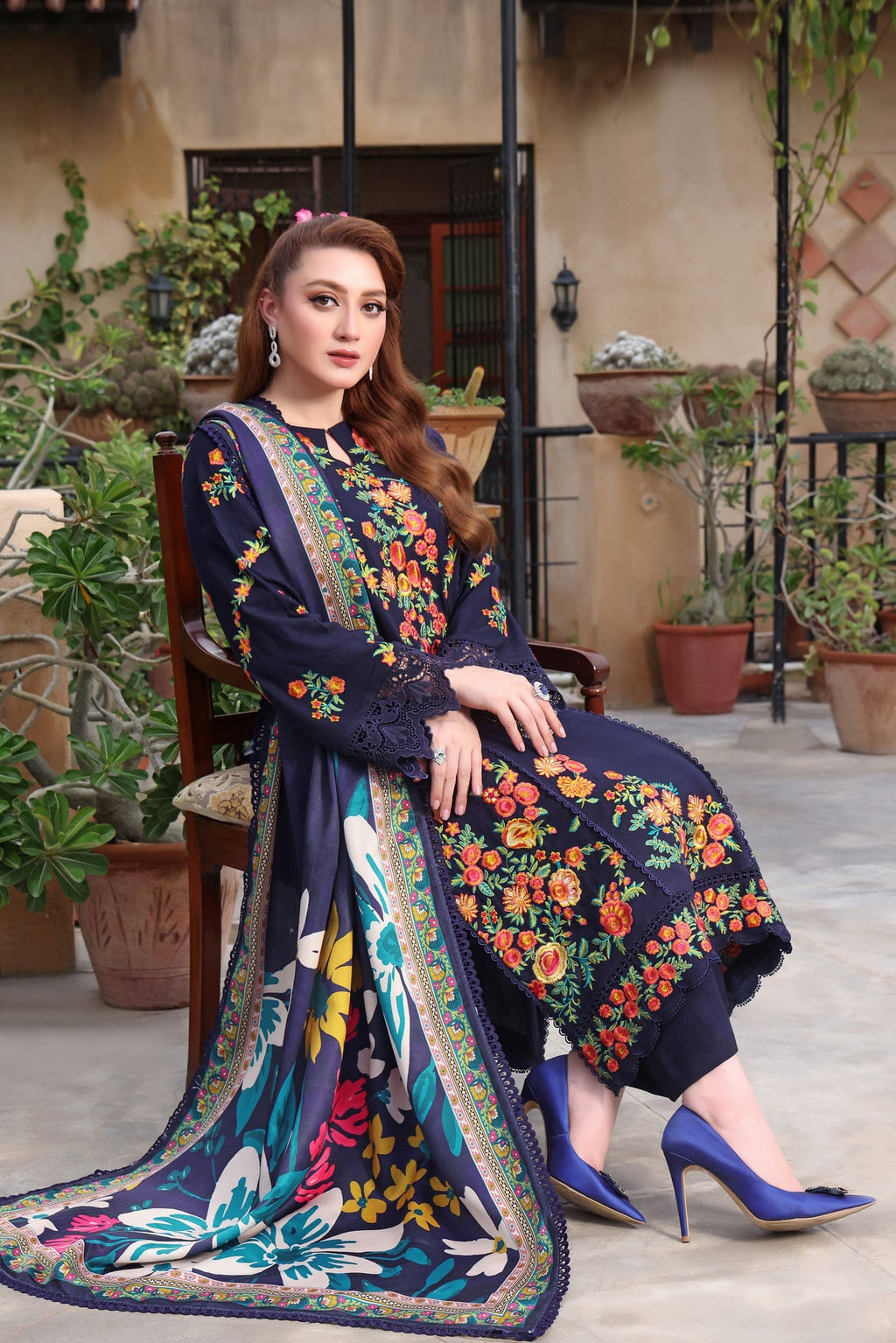 ASIM JOFA-3PC DHANAK EMBROIDERED SHIRT WITH COURTRAI PRINTED SHAWL & TROUSER-WM-4316