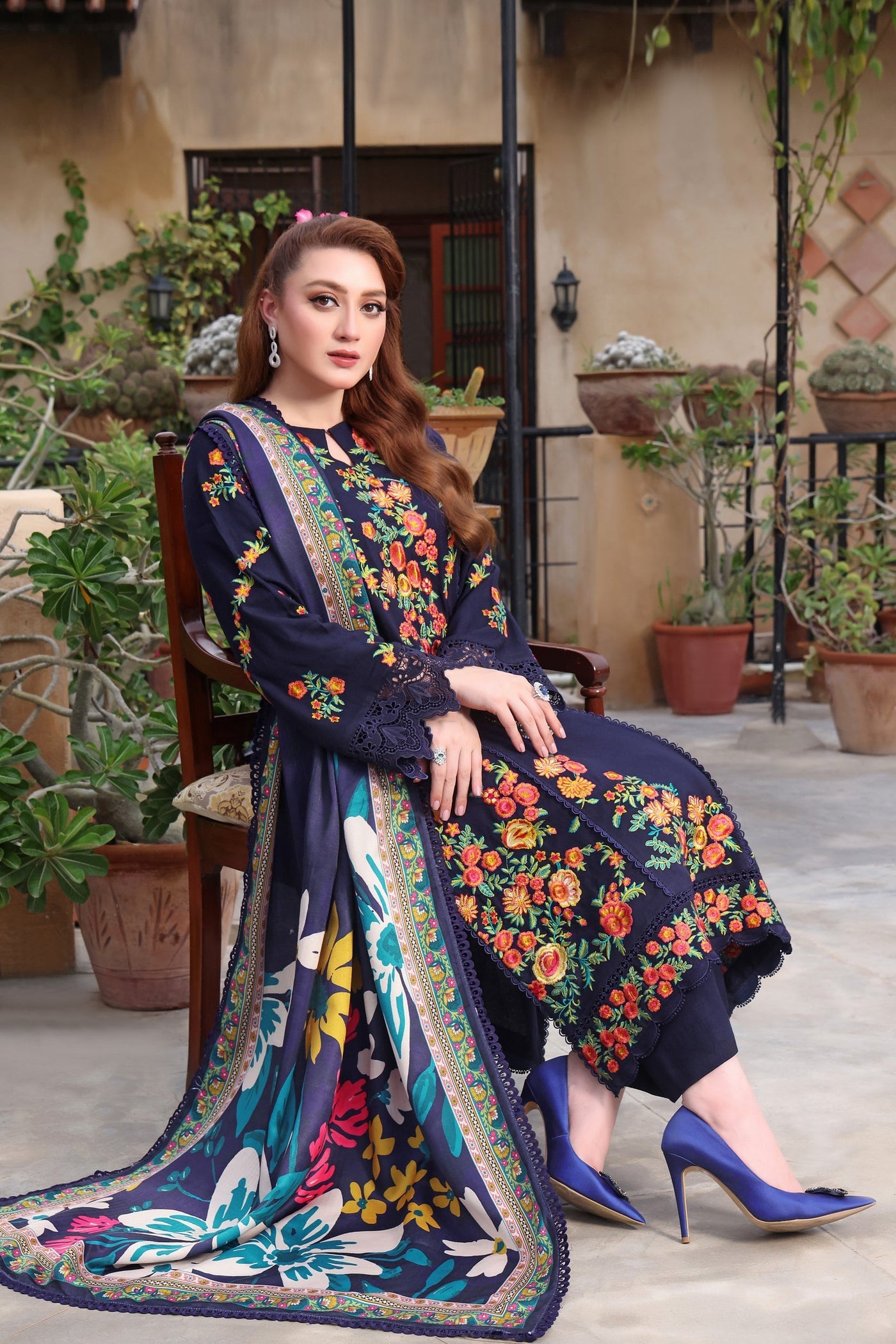 ASIM JOFA-3PC DHANAK EMBROIDERED SHIRT WITH COURTRAI PRINTED SHAWL & TROUSER-WM-4316