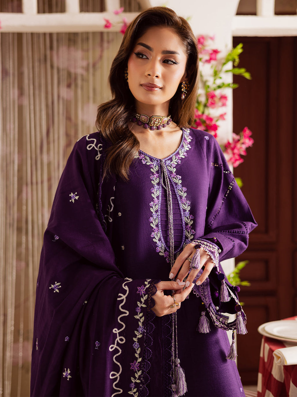 MAHNUR-3PC DHANAK EMBROIDERED SHIRT WITH DHANAK EMBROIDERED SHAWL & TROUSER-WM-4328