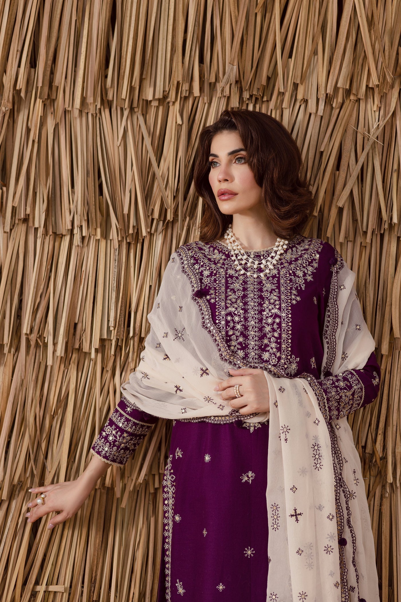 BATIK-3PC DHANAK EMBROIDERED SHIRT WITH DHANAK EMBROIDERED SHAWL AND TROUSER-WM-4338